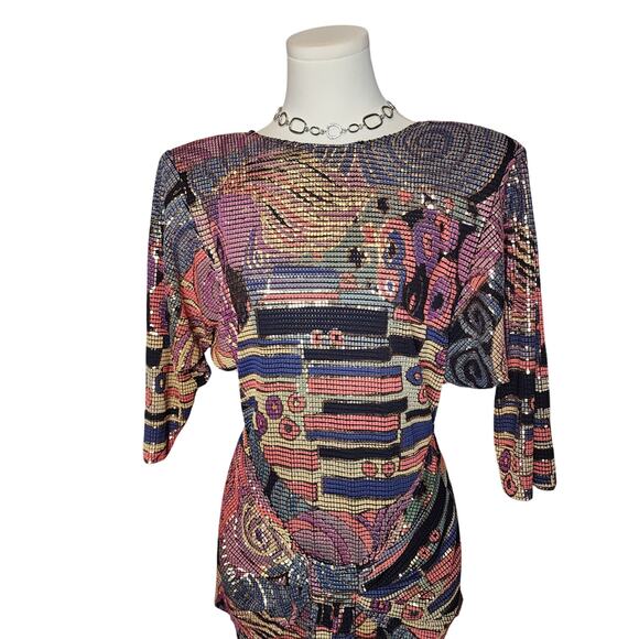Vtg 80s Cache Funky Colorful Abstract Avant Garde Party Shimmer Italy Dress Sz M - Picture 2 of 8